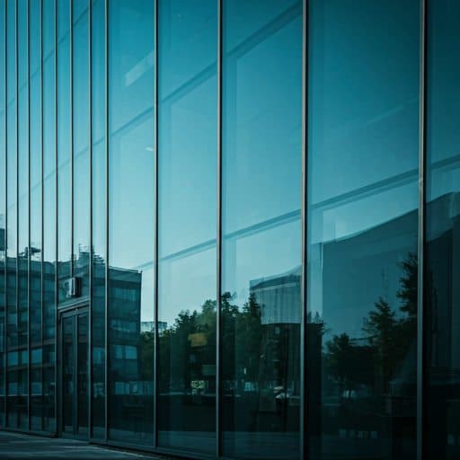 Modern institutional building with digital reflections